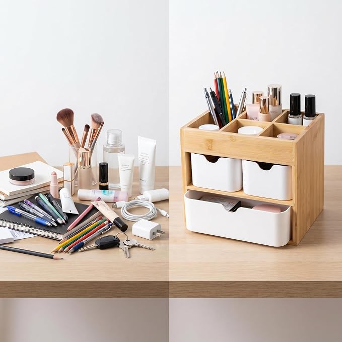Small Bamboo Makeup Organizer with 3 Drawers | Wood Makeup Organizer, Dresser Cosmetic Box Organizer, For Home, Adjustable Dividers