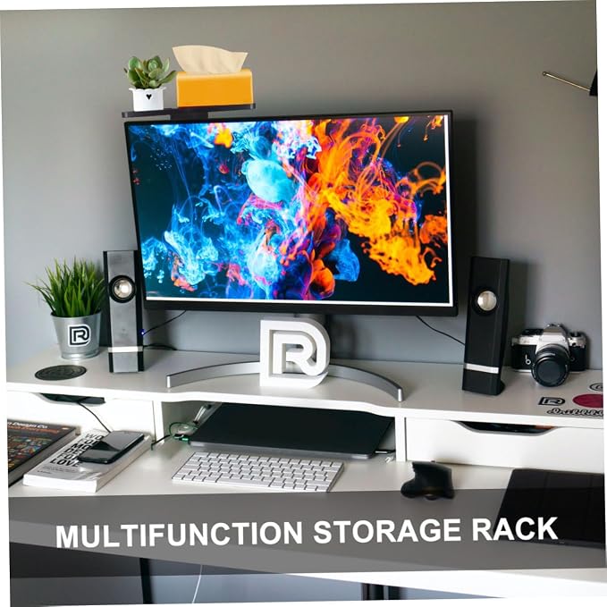 Happyyami Monitor Top Storage Bracket Non- Tv and Computer Rack for Organized Office and Home Use Easy Installation Legs Black