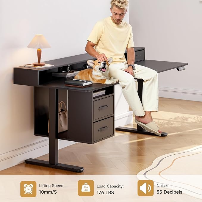 ONBRILL Standing Desk with Drawers, 55x24 Inch Electric Stand Up Desk with 3 Drawers and Open Storage Shelf, Adjustable Height 28-46 Inches for Home and Computer Workstation, Black