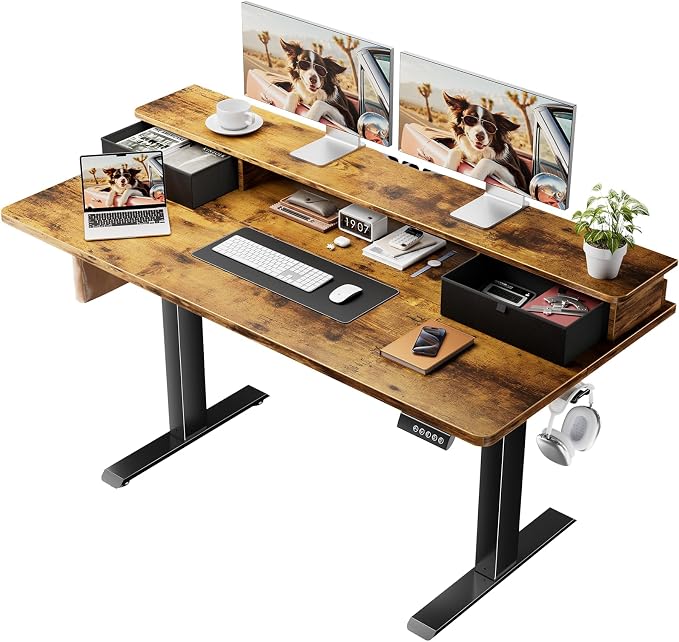 Veken 55x26 in Electric Standing Desk with Drawers, Adjustable Table, Brown | Stand up Computer Desk for Home Office, Work & Study, with Storage, 3 Memory Presets, Cable Organizer, Hook, and Quiet Lift.