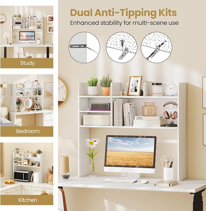 Tangkula Desktop Bookshelf for Computer Up to 32”, 37” Countertop Storage Hutch with 6 Storage Shelves, 3-Tier Desktop Organizer Display Rack, Wooden Desk Hutch for Dorm Home Office (White)