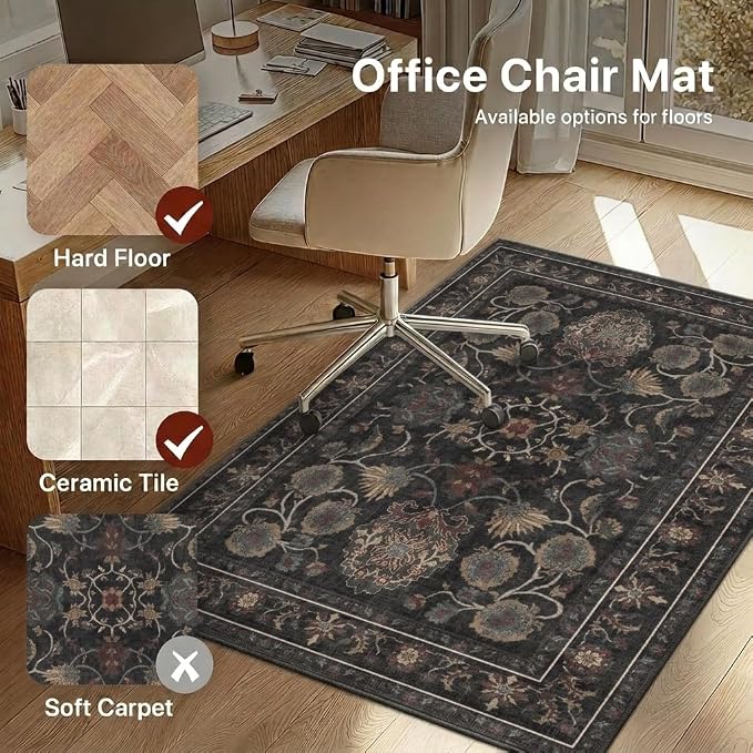 48"x60" Office Chair Mat for Hardwood Tile Floor, Under Desk Carpet Protector for Rolling Computer Chair Mat, Machine Washable Area Rug, Anti-Slip 1/5" Thick Low Pile Thin Vinyl Floor Mat, Charcoal