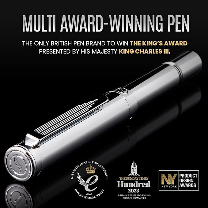 Scriveiner Silver Chrome Rollerball, Award Winning Luxury Pen, Heavy Pocket Pen with Chrome Finish, bundle with Rollerball Refill Black Medium - 4 Rollerball Refills in one box