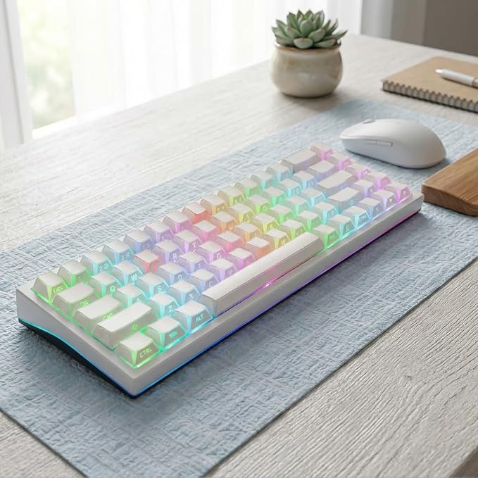 Hyekit White PBT Shine Through Keycaps, Cherry Profile Side Print RGB Backlit Keycaps for Mechanical Keyboards, 136 Keys Full Set with Shine Through Edges, Gaming Office Typing Custom Keycaps
