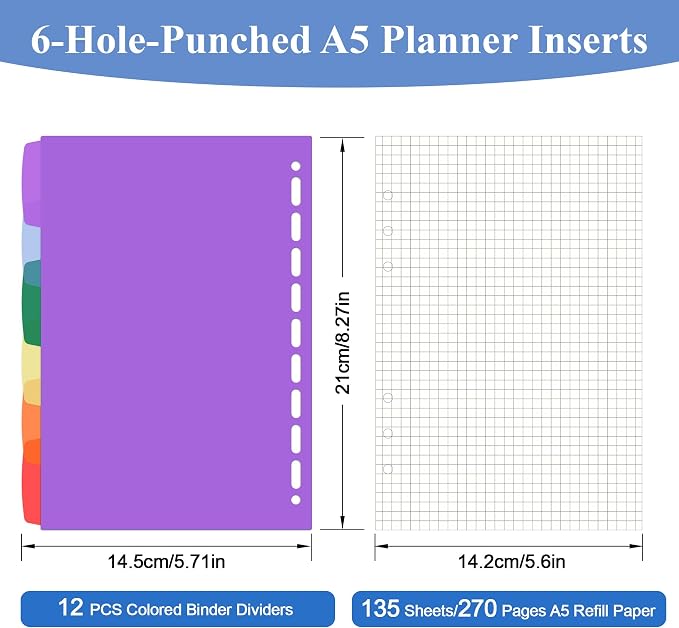 Antner A5 Grid Refill Paper Planner Inserts for A5 6-Ring Binder, 135 Sheets 6-Hole Graph Rule Loose Leaf Filler Paper Refills with 12PCS Binder Dividers for Refillable Notebooks, Bullet Journal, Math