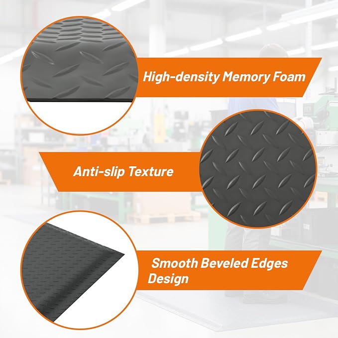 Nisorpa Anti Fatigue Mats Industrial 2' x 6' Ergonomic Standing Mat 15/16" Thick Shop Floor Mat Kitchen Mat Heavy Duty Commercial Diamond Plate Support for Leg & Back Pain, Grey