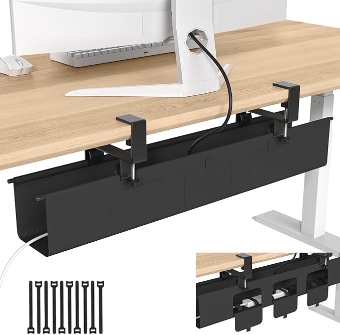 Under Desk Cable Management Tray, 36” Fabric No Drill Clamp Mount | Cord Organizer for Desk, Heavy Duty Wire Management for Office Home, Black