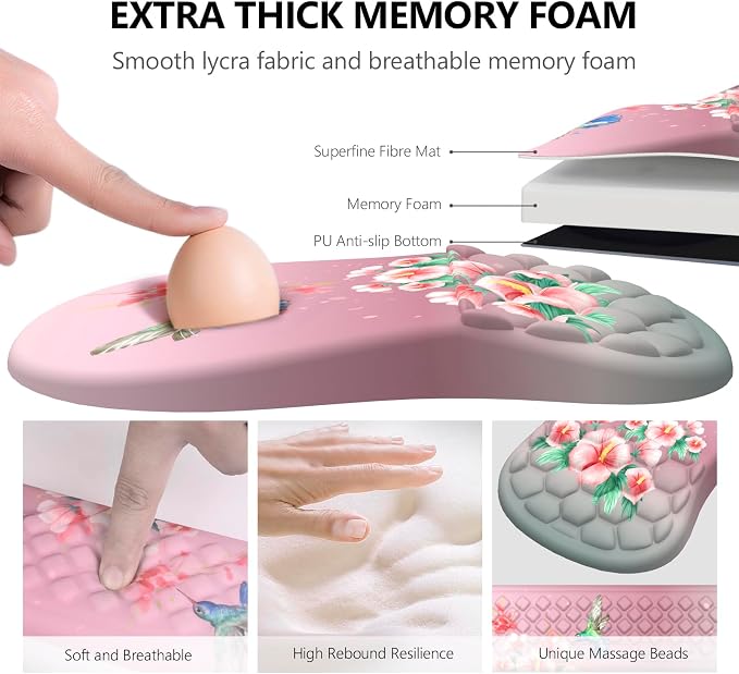 Mouse Pad Wrist Support, Laokiiy 2 in1 Keyboard Wrist Rest+ Ergonomic Mouse Pad, Non-Slip Wrist Rest for Computer Keyboard, Made Easy Typing & Relieve Wrist Pain(Bird Pink)