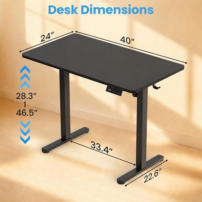 Electric Standing Desk, 40" x 24" Adjustable Height Sit Stand Desk, Small Space Workstation, Compact Computer Desk for Home Office, Stable Steel Frame (Black)