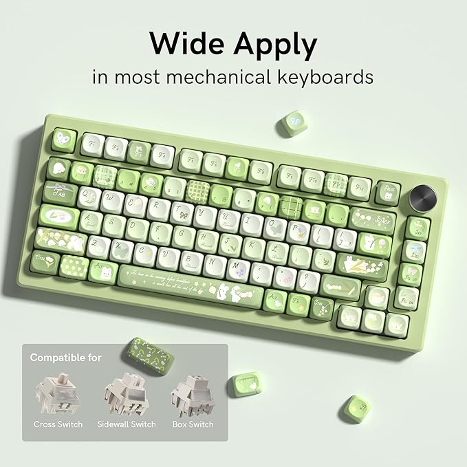 Womier Cute Bunny PBT Keycaps 132 Keys, MOA Profile Keycaps 60 65 75 98 100 Percent, Green Natural Custom Keycap Set for 61/64/68/84/87/100/104/108 Mechanical Keyboards (Green)