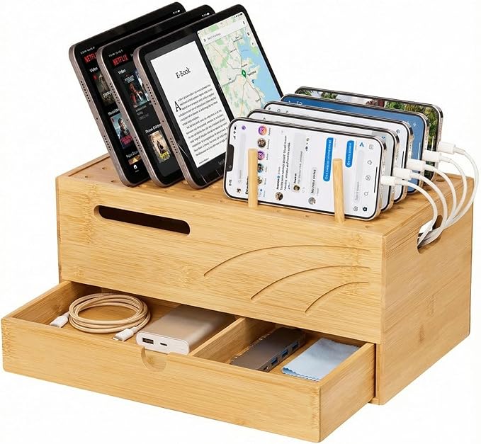 Homde Office Charging Station Organizer: 2 Layer Charger Holder (Natural) | Bamboo Electronic Docking Stand for Multiple Devices Tablets Phones - Drawer for Home