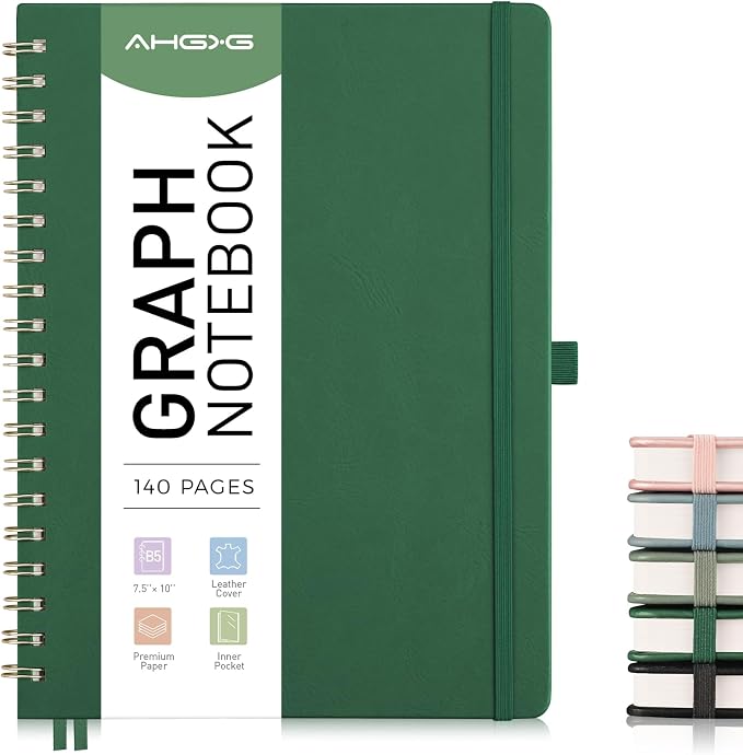 AHGXG Graph Paper Notebook - Spiral Notebook Hardcover Leather Journal 140 Pages, B5 Large Grid Notebook 7.6" x 10", 100 gsm Thick Paper, for School Writing Graphing Engineering Math, Green