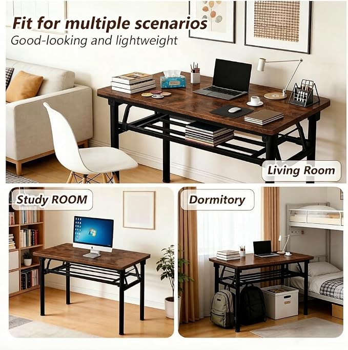 Folding Desk for Small Spaces, 31.5 Inch Foldable Computer Desk, No Assembly Required, Space Saving Portable Study Table for Compact Home Office, Bedroom, Dorm, Apartment, Brown