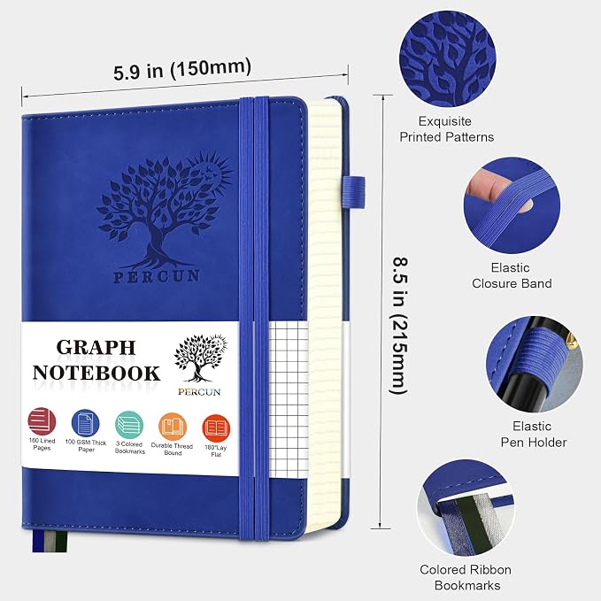PERCUN A5 Hardcover Graph Paper Notebook, 5.9”x8.5” Leather Journal for Women & Men, 160 Pages Grid Paper Composition Notebook for Work, School, Math, Quad Ruled Writing Journals,Graphing (Navy)