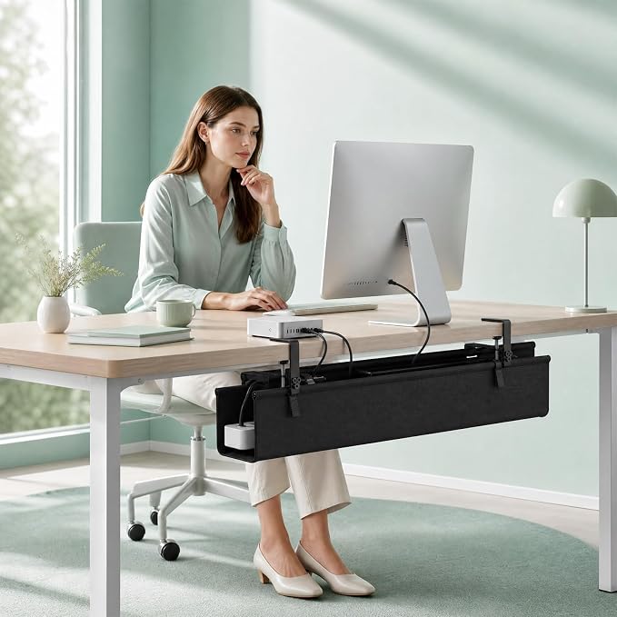 36-Inch Under Desk Cable Management Tray, Clamp or Screw Mount, Black | Fabric Cord Organizer Holds Power Strips, Cables and Adapters, Suitable for Home and Office Desks