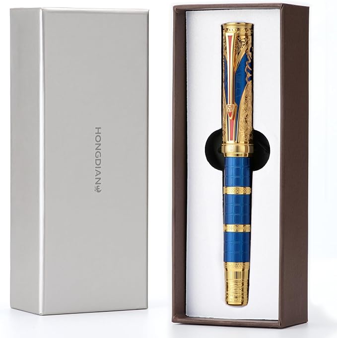 HONG DIAN D5 Qin Dynasty Fountain Pen Blue Gold, Extra Fine Nib Piston Filling Pen, Retro Chinese Totem Engraving Smooth Writing Pen with Pen Box Set