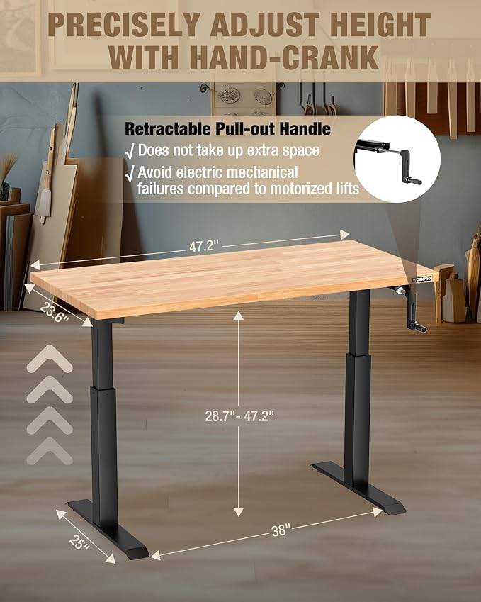 WORKPRO 47.2" x 23.6" Adjustable Workbench with Crank Handle, Rubber Wood