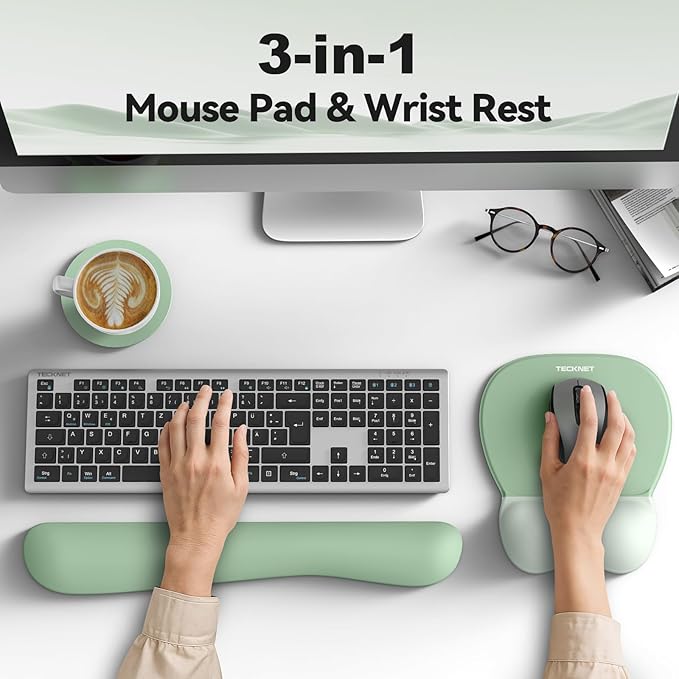 TECKNET Gel Mouse Pad with Wrist Rest, 3 in 1 Keyboard Wrist Rest for Pain Relief, Non-Slip PU Base & Easy Typing, Ergonomic Mousepad Set for Office & Home