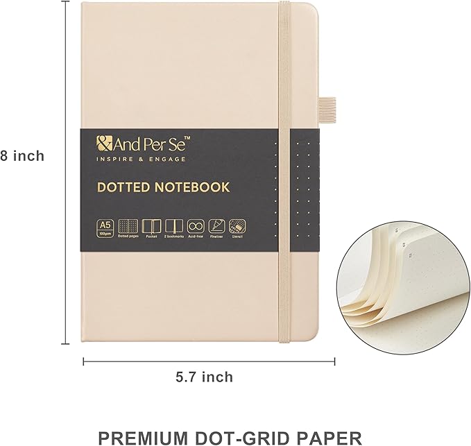 &And Per Se A5 Hardcover Dotted Notebook with 25+ Accessories - 6 Pens, Stickers, Stencils, Washi Tapes & Gift Box Included | Dotted Journal Kit for Beginners, Adults (Light Apricot)
