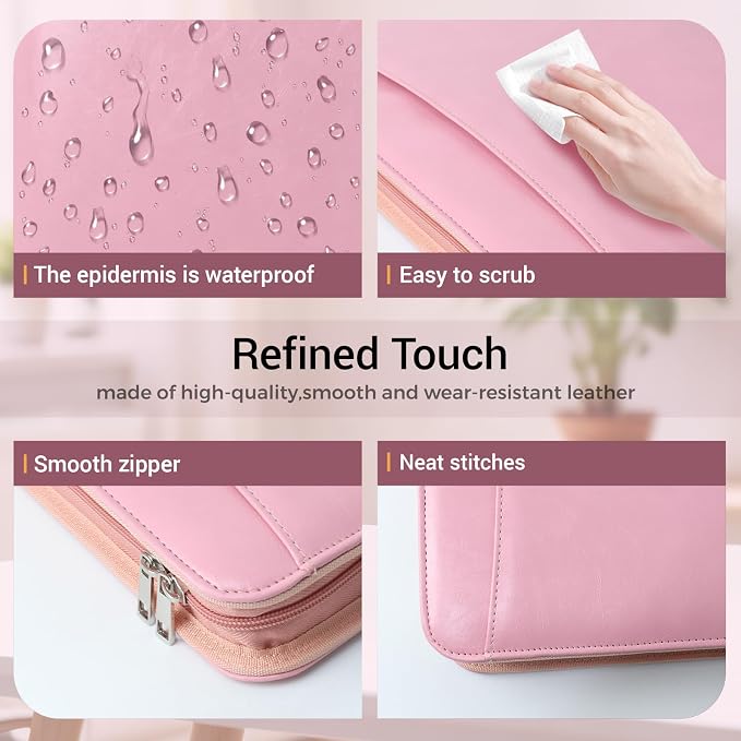 Faux Leather Zippered Padfolio with 3 Ring Binder, Executive Portfolio Organizer Binder for Women, Fits 13.9" Laptop/Tablet, Refillable Writing Pad Pocket, Pink
