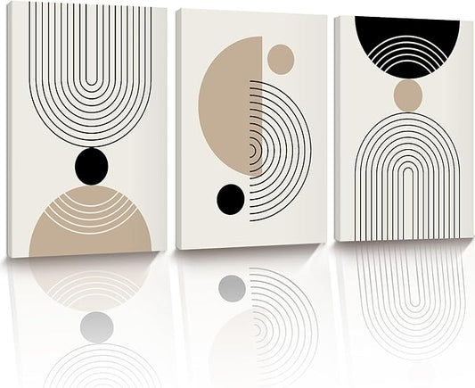 HesenDot Abstract Geometric Wall Art Set of 3, 30x40CM Minimalist Line Framed Canvas Prints, Boho Modern Neutral Beige Black Shapes Wall Decor for Living Room Bedroom Bathroom Office Home