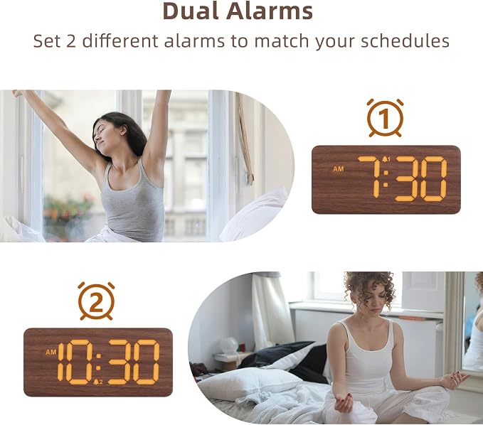 uscce Wooden Digital Alarm Clocks for Bedrooms with 0-100% Dimmable Display | Desk Clock with Large Numbers for Living Room - Loud Dual Alarm for Heavy Sleepers with Volume Control - Wood Decor & Gifts