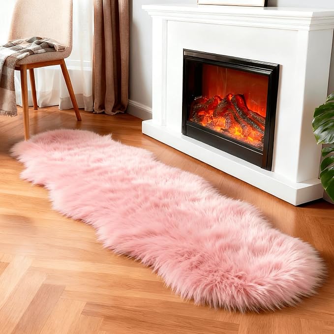 linmopm Faux Fur Sheepskin Rug, Pink, 2x6 ft Runner | Shag Fluffy Fuzzy, High-Density Cushion, For Bedroom Bedside Living Room, Plush Carpet