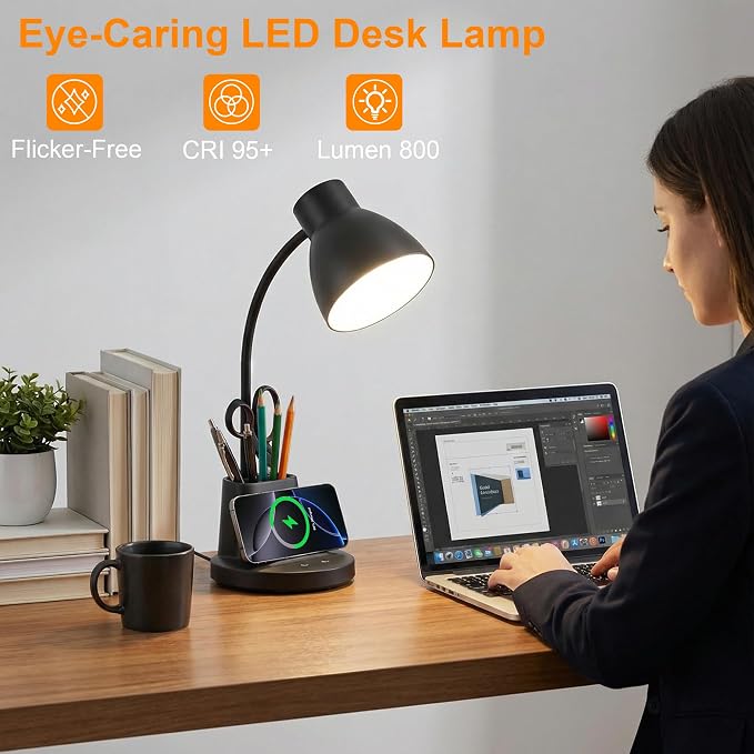 Desk Lamp for Home Office, 10W Wireless Charging, Eye-Caring LED Desk Light, CRI 95+ 3 Color Modes Stepless Dimming Pen Holder, 360° Flexible Arm Desk Lamps for College Dorm, Adapter Included