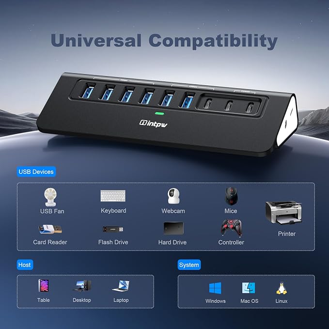 Powered USB Hub 10Gbps,intpw YH6AC 9-Port USB Splitter with USB A/USB C 3.2, 4 USB 3.0, 2 PD 45W Charging Ports, 65W Power Adapter and 3.3FT Cable, Aluminum Black USB Hub for Laptop/PC,iPhone 16/15