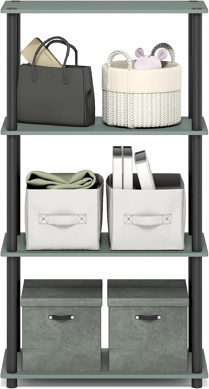 Furinno Turn-N-Tube Storage Shelves, 4-Tier Toolless Book Shelf, Corner Shelf, Open Shelves, for Organization and Storage, Living Room, Garage, Home Office, Sage Green