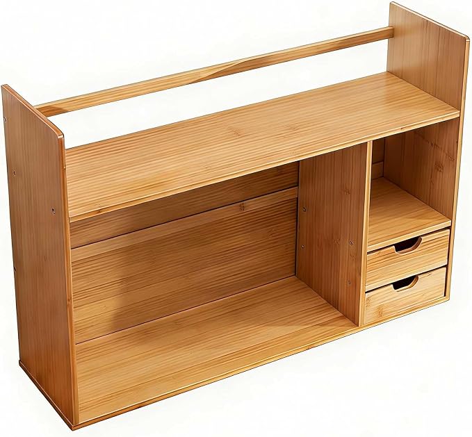 Bamboo Desktop Bookshelf 2-Tier Desk Organizer with Drawers | 22.8"x7.5"x18.1" size with rounded corners, fit office dorm bedroom; holds books & stationery, easy to assemble