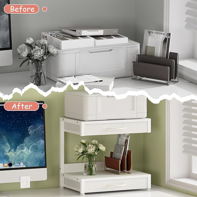 VENNQD 2-Tier Desktop Printer Stand with 2 Fabric Drawers, Prtiner Table with Storage Shelf, Desk Organizer for Home Office,3D Printer,Fax Machine,Scanner (White, 2 Tier)