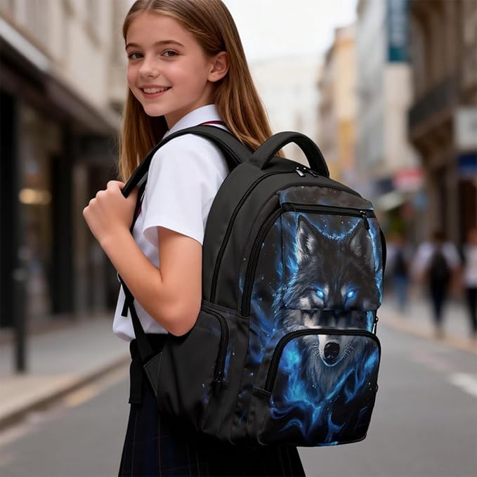 Cool Wolf Backpack with Lunchbox for School Boys Bookbag 4-in-1 Set with Lunch Box Water Bottle Sleeve Pencil Case Back to School Supplies Birthday Present for Kids