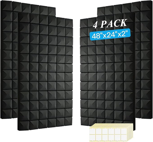 4 PCS Acoustic Panels,48''X24''X2'' Sound Proof Foam Panels for Walls,High Density Fire Resistant & Noise Absorbing for Studio, Office, Home (Black, 4 Pack)