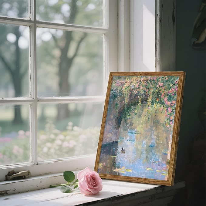 Framed Vintage Monet Canvas Wall Art, Floral Landscape Wall Decor Paintings, Country Nature Pictures Prints Aesthetic Home Decor for Living Room Bedroom Bathroom 8x10 inch