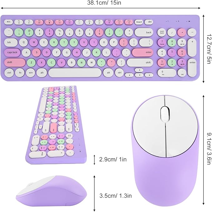 Wireless Keyboard and Mouse Combo, Retro Typewriter Keyboard with Round Keycaps, 2.4GHz USB Cute Wireless Keyboard Mouse for Computer, Desktop, Laptop (Purple Colorful)