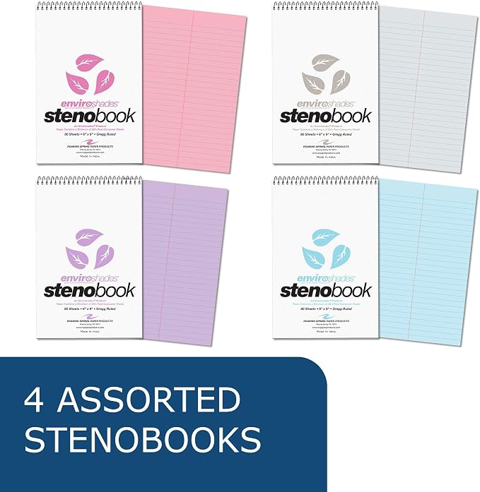 ROARING SPRING Enviroshades Colored Steno Books, 24 Pack of Memo Pads, Assorted Colors, Recycled Paper, 6" x 9", 80 Sheets, Gregg Ruled, Perforated, Wirebound, Heavy Chipboard Back