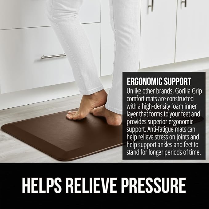 GORILLA GRIP Comfortable Cushioned Kitchen Mats for Floor, 70x24, Waterproof and Stain Resistant Soft Top, 3/4 Inch Thick Ergonomic Standing Desk Anti Fatigue Mat, Foam Supports Ankles, Chocolate