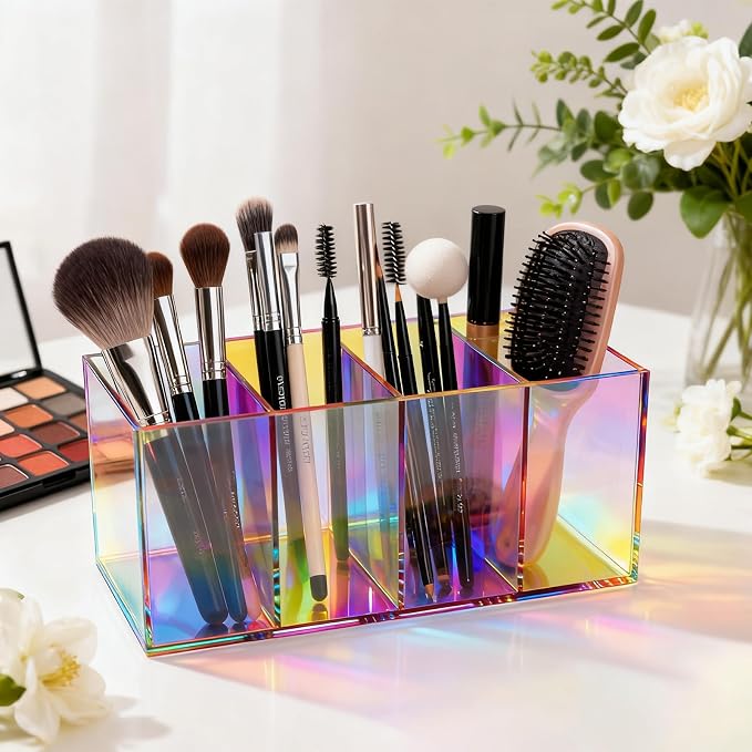 Pen Holder for Desk Neon Acrylic Pencil Holder Cup Makeup Brush Storage Organizer for Vanity, Iridescent