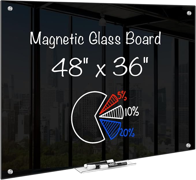 maxtek Black Dry Erase Board 48" x 36", Black Whiteboard Glass Frameless, Large Magnetic Glass White Board for Office School
