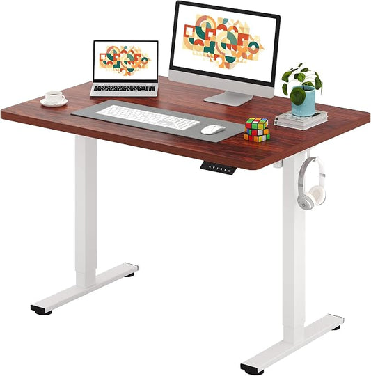 SANODESK One-Piece Electric Standing Desk, Seamless 48 x 30'' Ergonomic Height Adjustable Sit Stand Desk with Memory Presets for Home Office Computer Workstation, White Frame/Mahogany Top