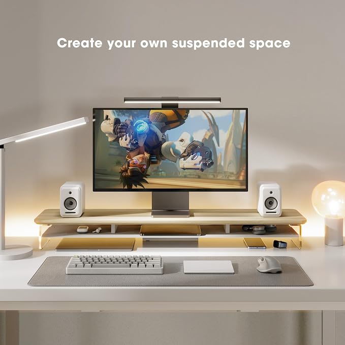 Fenge 42.5" Dual Monitor Stand with Clear Acrylic Legs, Oak | Clear Acrylic, Storage Compartment, 2-tier Home Office Monitor Riser, Wide Large Desktop Shelf Fit Monitor/Laptop/Printer