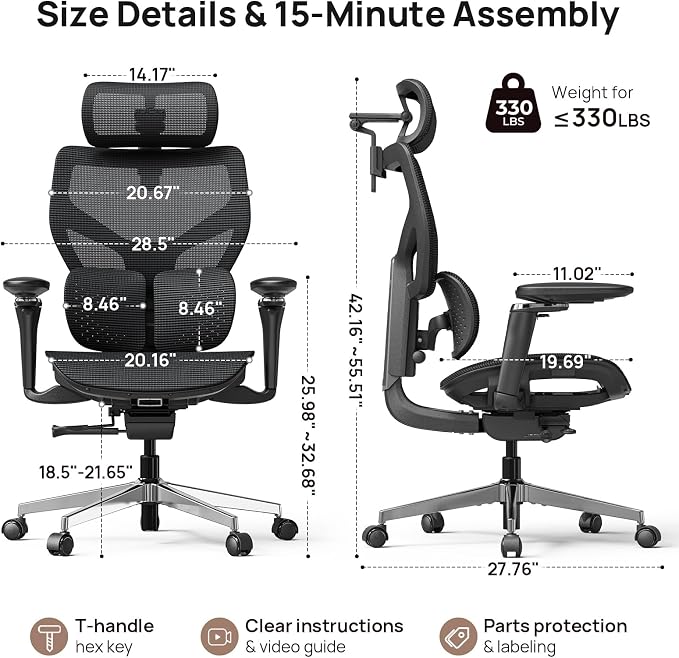 Ergonomic Mesh Office Chair - 10 Hours Comfort Dual Lumbar Support, 330lbs | 630° Armrests, 3D Headrest, Adjustable Seat Depth, Tilt &4- Lock, BIFMA, 5'0"-6'5" Fit, Home & Office Long Work No Back Pain