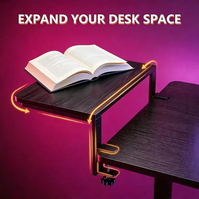 Clamp-On Desk Extender, 15 x 9.5 Inch Monitor Riser | Height options, No-drill setup, 3-in-1 use, 44 lb load, Office station, Gaming area, Black finish
