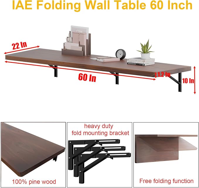 IAE Floating Wall Mounted Folding Table Desk with Pine Wood,60" x 22" Foldable Workbench,Fold Down Wall Mounted Foldable Desk with Shelf Brackets,Laundry Folding Table for Home,Dining,Kitchen, Walnut