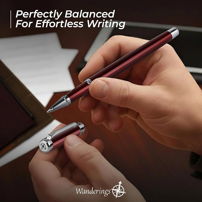WANDERINGS Premium Rollerball Pen with German Ink – Perfectly Balanced for a Superb Writing Experience, Chrome Accents – Winefire Red - Includes a Schmidt Refill in a Giftable Presentation Case