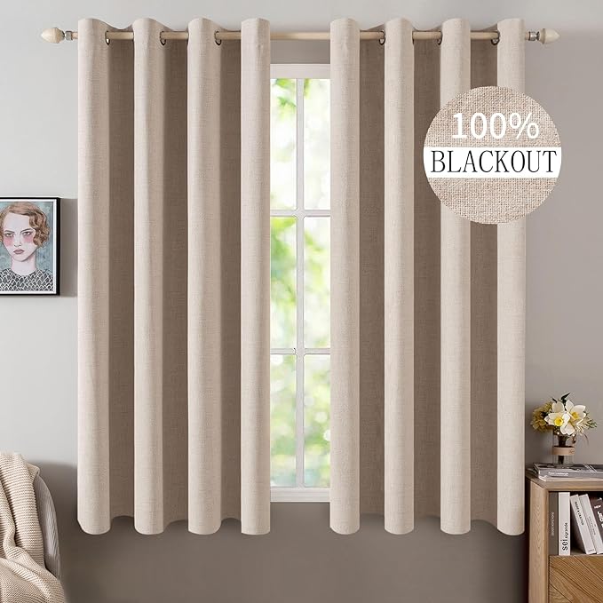 MIULEE Linen Textured Curtains for Bedroom Solid 100% Blackout Thermal Insulated Natural Beige Grommet Room Darkening Curtains & Drapes Luxury Decor for Living Room 52 x 45 Inch (2 Panels)