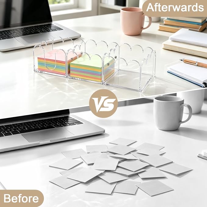 3Pcs Scalloped Acrylic Sticky Note Holder,Clear Sticky Notes Dispenser 3x3 Thick Post it Notes Memo Pad Holder Non-Slip Desk Organizer for Office Home School Dorm Desktop