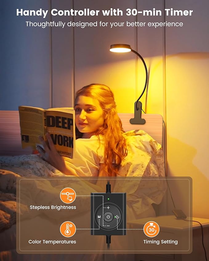 Glocusent 5W Clip on Light, 36 LED Eye Caring Reading Light for Bed, 3 Colors & 5 Brightness Clip on Lamp with Adapter, Perfect Desk Lamp with Clamp/Bunk Bed/Headboard/Table