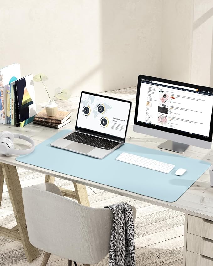 YSAGi Non-Slip Leather Desk Pad L Size, Waterproof Laptop Computer Desk Keyboard Mat, Table Protector Blotter Mat, Large Mouse Pad for Office/Work/Home/Decor(Sky Blue, 35.4" x 17")
